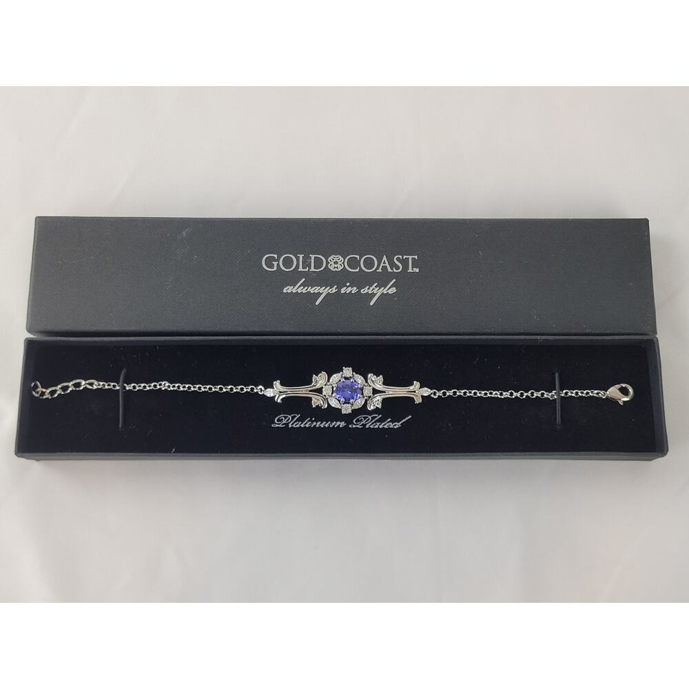 Gold Coast Platinum Plated Faux Sapphire Blue 8" Adjustable Bracelet